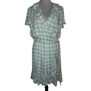 NWT Lauren Conrad Green Plaid Ruffle Short Sleeve Faux Wrap Dress - Size L